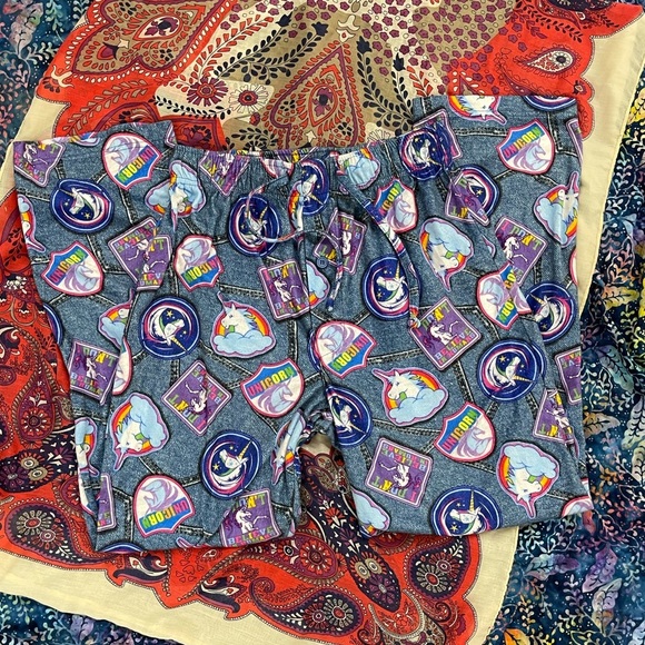 Faux denim unicorn rainbow drawstring comfy Lounge Pants PJ bottoms size small - Picture 2 of 3